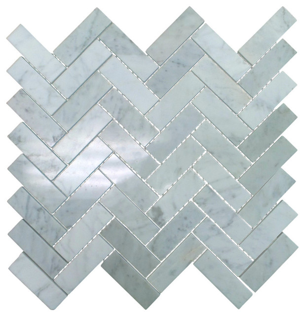 Polished Marble Herringbone Mosaic Tile, 12"x13", Bianco Carrara White, Sample