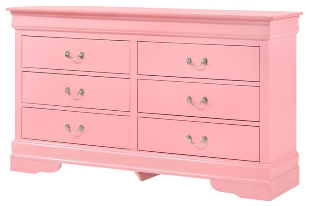 Maklaine Traditional Engineered Wood 6 Drawer Dresser in Pink