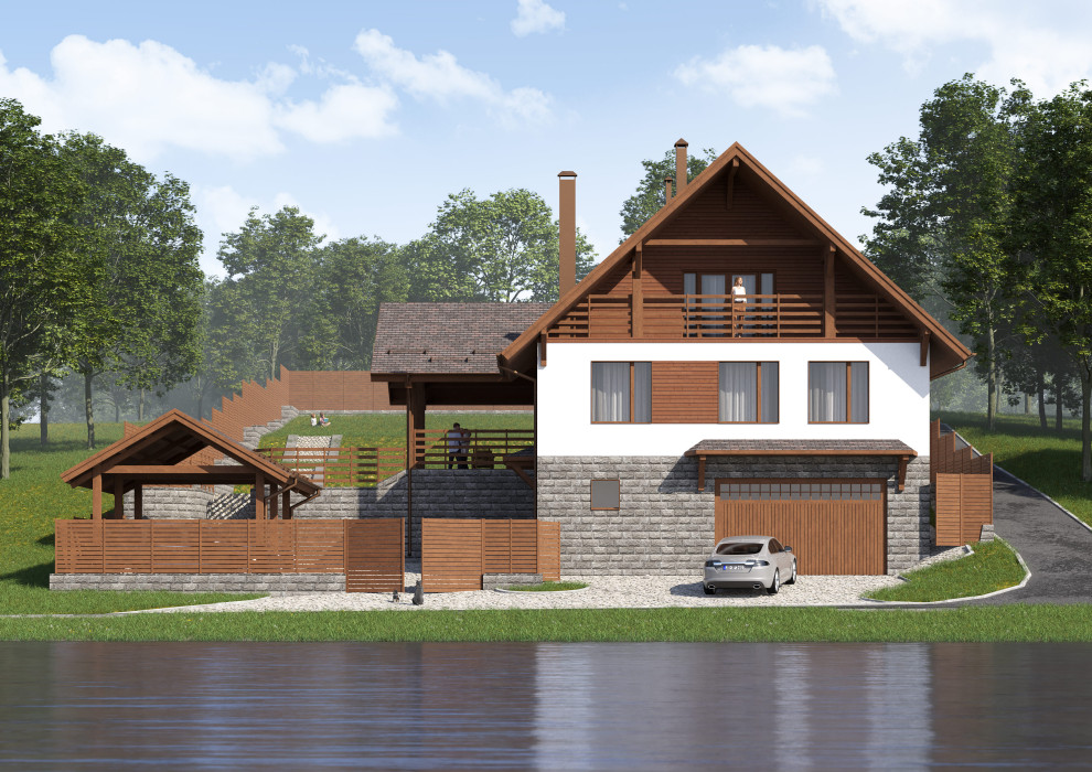 Проект 3-этажного 5-комнатного мансардного дома в стиле шале