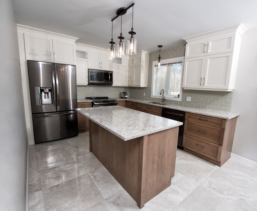 Inspiration for a mid-sized transitional l-shaped eat-in kitchen in Ottawa with a double-bowl sink, shaker cabinets, white cabinets, granite benchtops, beige splashback, porcelain splashback, stainless steel appliances, marble floors, with island and beige floor.