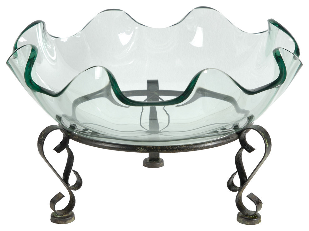 Large Scalloped Glass Bowl With Metal Stand Traditional Decorative