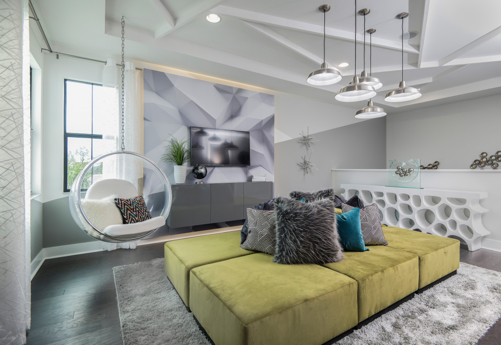 Artistry Palm Beach - Hudson Loft - Not your average Loft. We've created a fun and unique space in this Loft with a hanging acrylic chair, modular sofa and floating back-lit panels