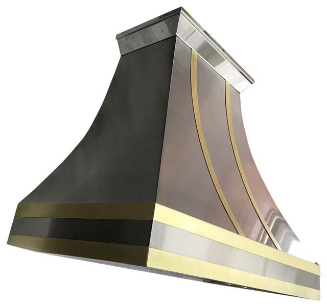 Brushed Stainless Steel Range Hood, Brass Straps and Mirrored Lip