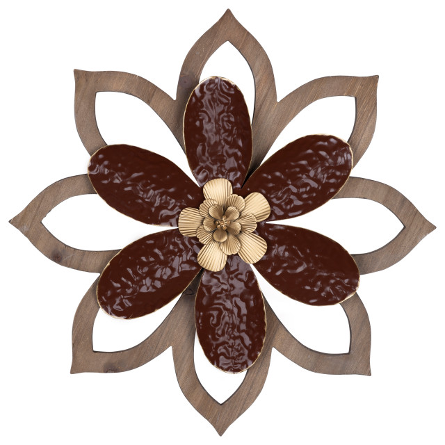 Stratton Home Decor Traditional Wood Framed Red Metal Flower Wall Decor