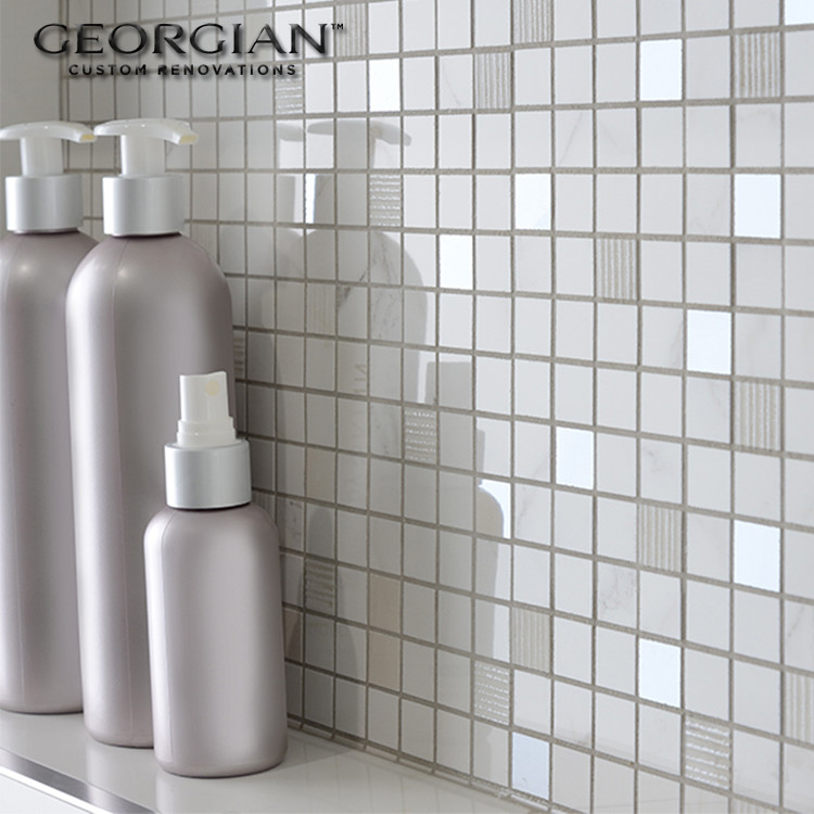 Inspiration for a transitional multicolored tile and stone tile marble floor alcove shower remodel with flat-panel cabinets, white cabinets, gray walls, an undermount sink and quartz countertops