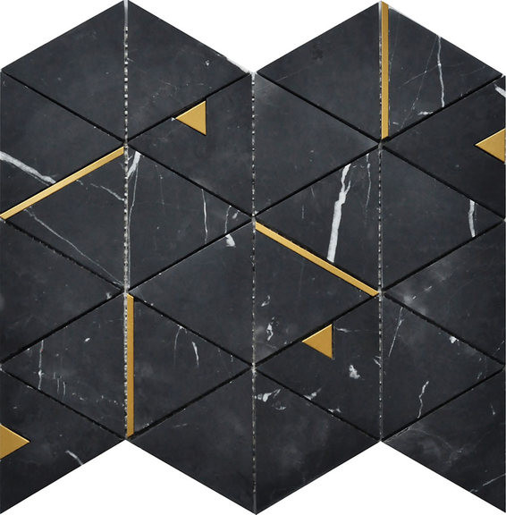 Mosaic Tile Marble With Metal, Nero Marquina Triangle Black Gold