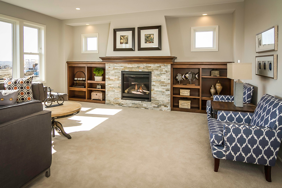 Inspiration for a mid-sized transitional formal enclosed living room in Minneapolis with beige walls, carpet, a standard fireplace, a tile fireplace surround and no tv.