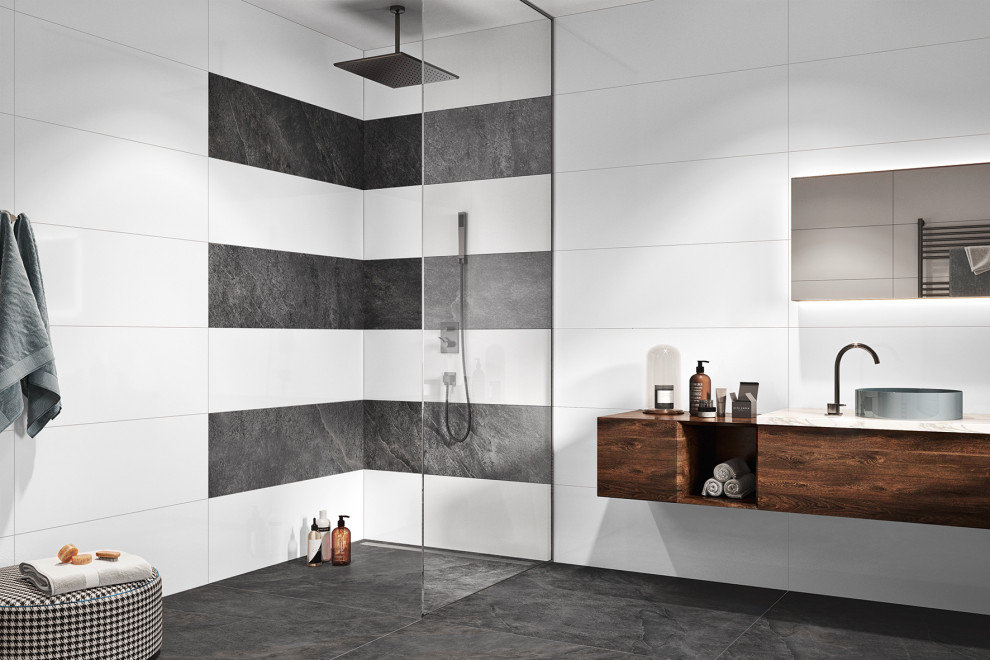 Large trendy master ceramic tile ceramic tile, gray floor and single-sink bathroom photo in Miami with furniture-like cabinets, brown cabinets, gray walls, quartz countertops, white countertops and a floating vanity