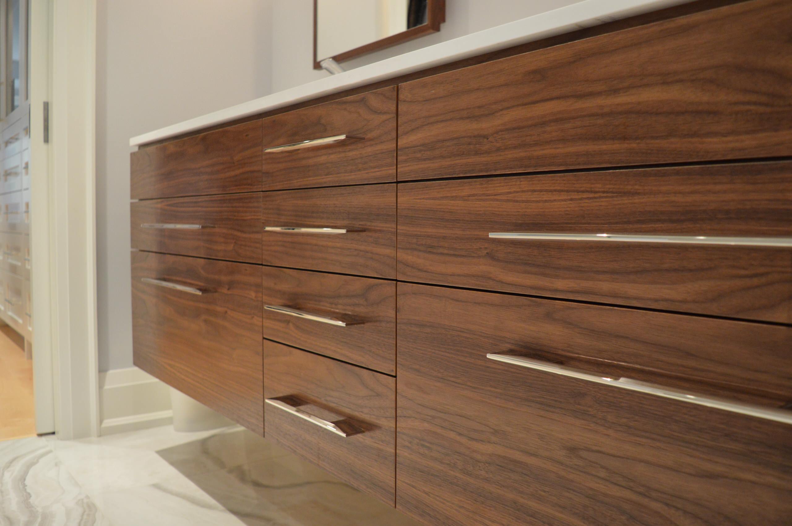 Walnut Floating Vanity and Matching Medicine Cabinets