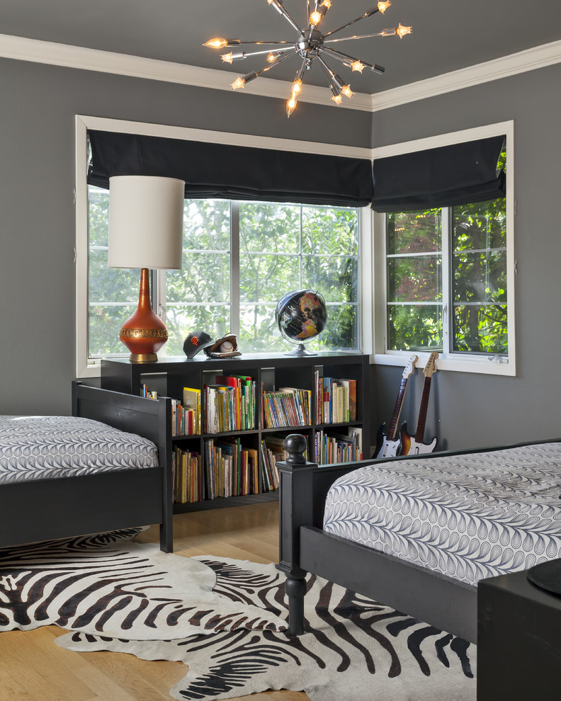 Photo of a contemporary kids' room in San Francisco with grey walls and beige floor.