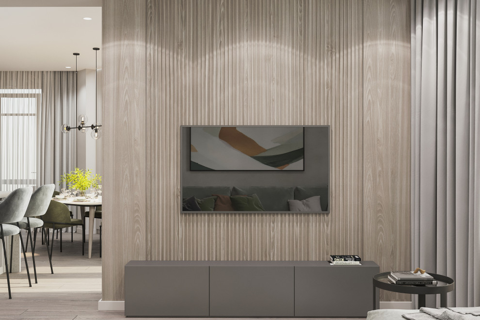 Тв зона с панелями из дерева