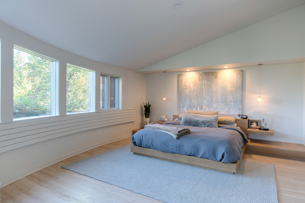 Design ideas for a large contemporary master bedroom in Denver with white walls, light hardwood floors, beige floor and vaulted.