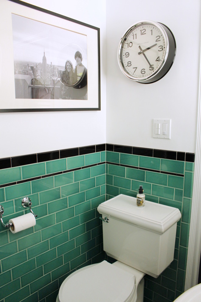 Inspiration for a small traditional 3/4 bathroom in Los Angeles with a pedestal sink, white cabinets, an alcove shower, a two-piece toilet, green tile, subway tile, white walls and porcelain floors.