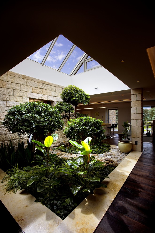 Mittelgroßer Moderner Wintergarten mit dunklem Holzboden und Glasdecke in Köln