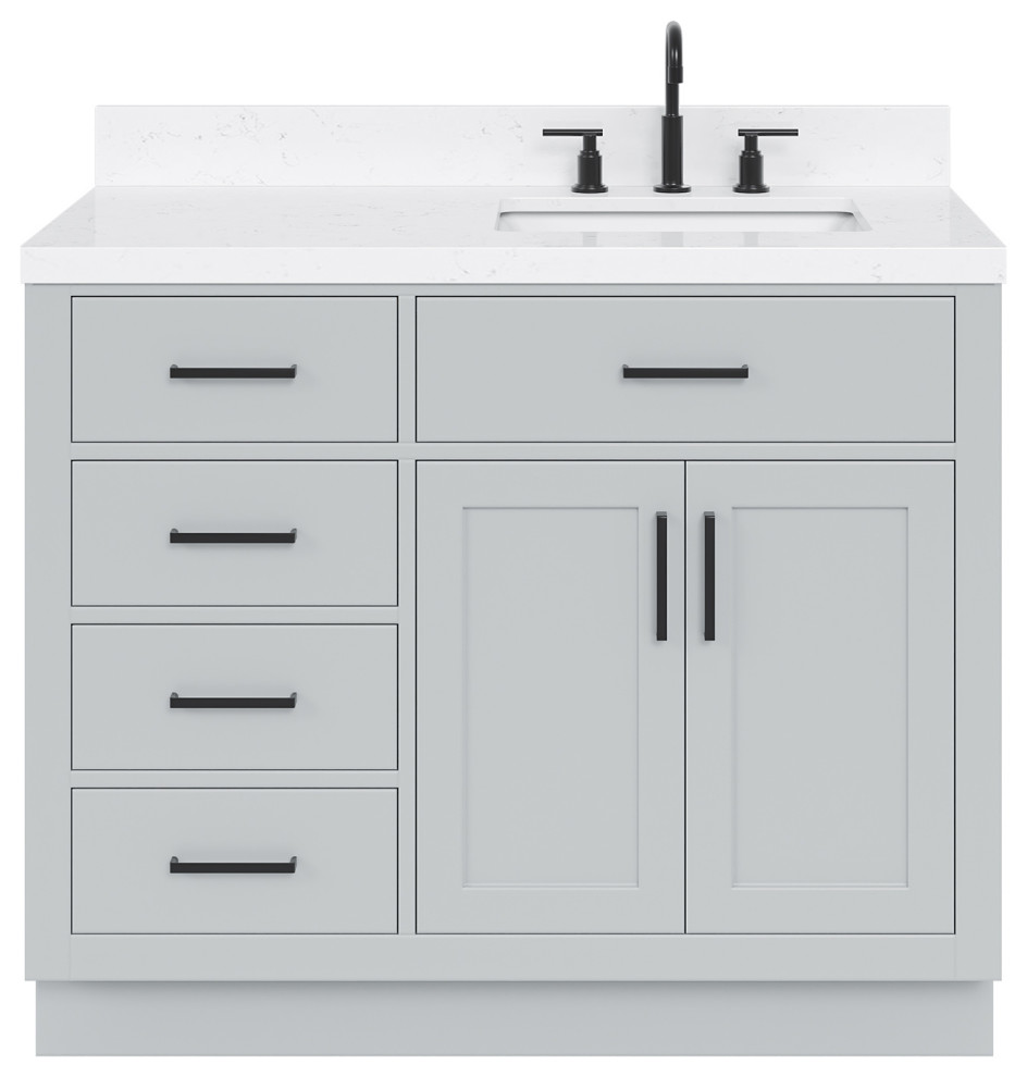 Ariel Hepburn 42" Right Offset Single Rectangle Sink Vanity, Carrara Quartz, Gray