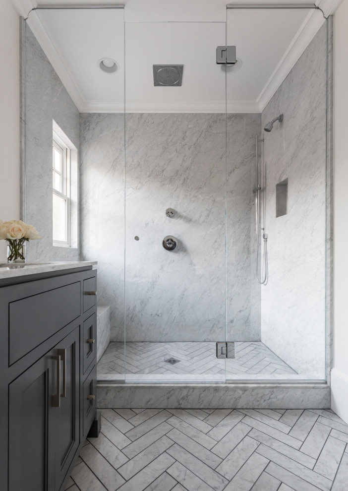 This is an example of a transitional bathroom in Sacramento with recessed-panel cabinets, grey cabinets, an alcove shower, gray tile, stone slab, an undermount sink, an open shower, white benchtops, a single vanity and a built-in vanity.