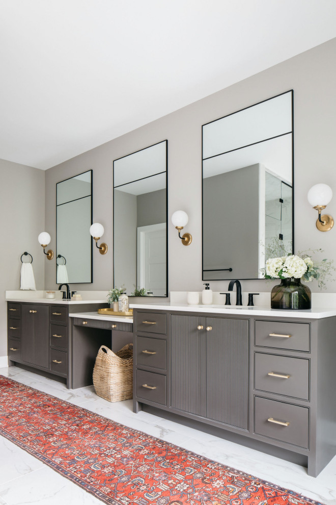 Traditional ensuite bathroom in Chicago with beaded cabinets, brown cabinets, brown walls, a submerged sink, white worktops, double sinks and a built in vanity unit.