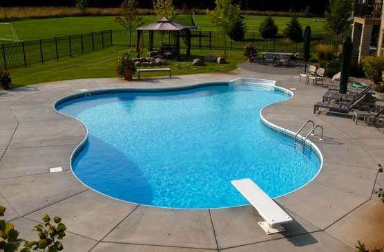 This is an example of a large backyard custom-shaped natural pool in Minneapolis with a water slide and concrete slab.