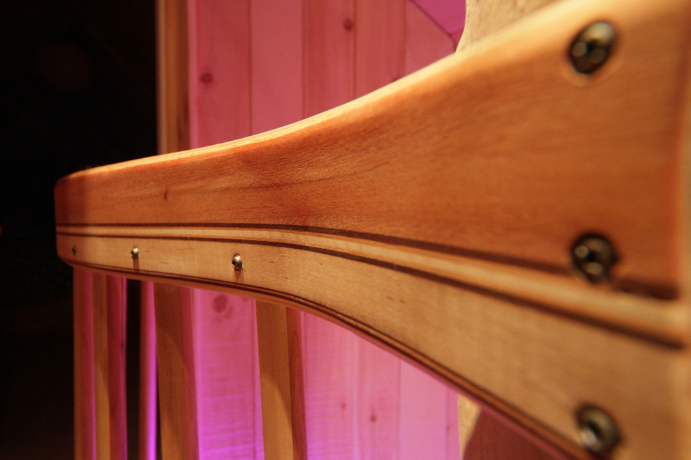Mid-sized mountain style wooden straight open and wood railing staircase photo in Burlington