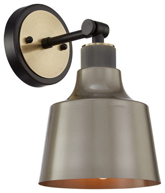 Light Vanity Light in Black W/Antique Brass with Grey Green Metal Shade