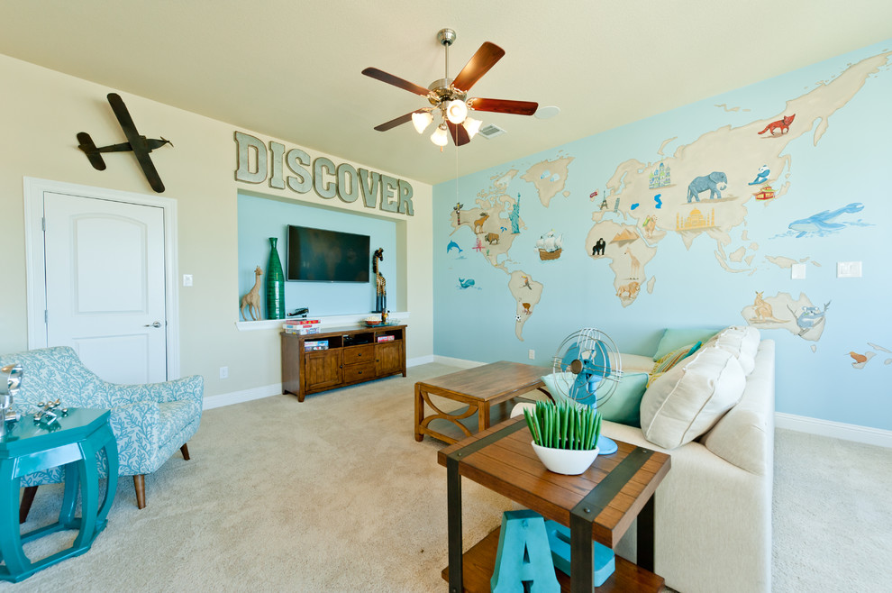 Inspiration for a coastal enclosed carpeted family room remodel in Dallas with a wall-mounted tv and multicolored walls