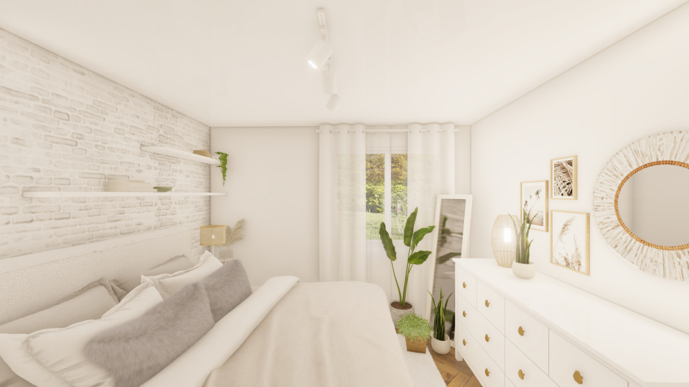 Cette photo montre une chambre parentale blanche et bois éclectique de taille moyenne avec un mur blanc, un sol en vinyl, un sol marron et du papier peint.