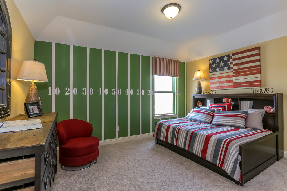 Inspiration for a mid-sized kids' bedroom for boys in Houston with yellow walls and carpet.