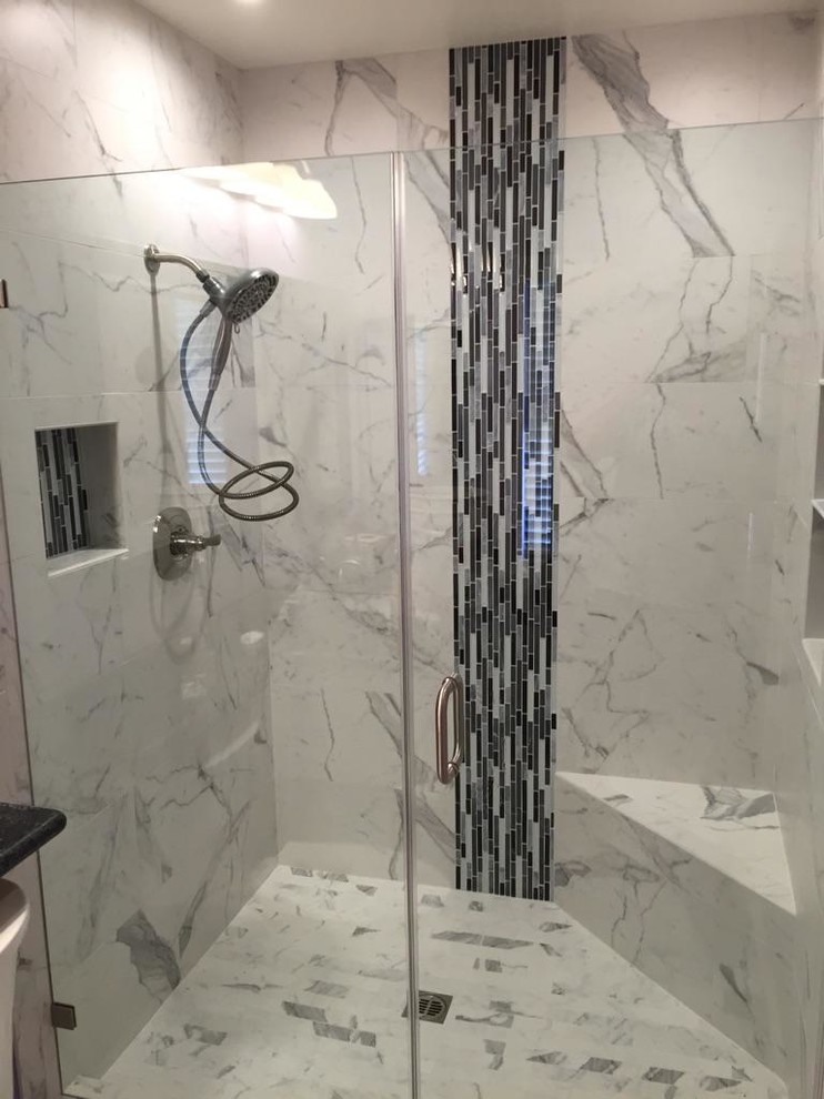 This is an example of a large transitional master bathroom in Los Angeles with an alcove shower, porcelain tile, grey walls, porcelain floors, gray tile and white tile.