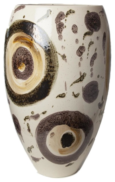Luxe Earth Tone Brown Dots Abstract Vase, Midcentury Modern Art Ceramic Bronze