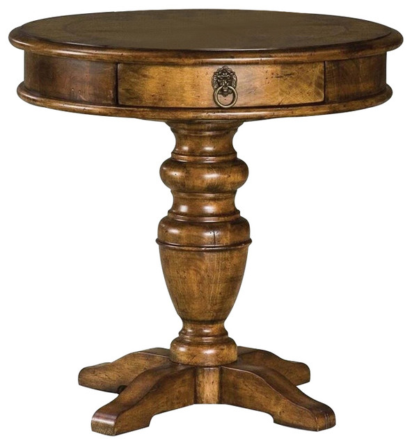 Heirloom Finish Round Drawer End Table with Pedestal Base