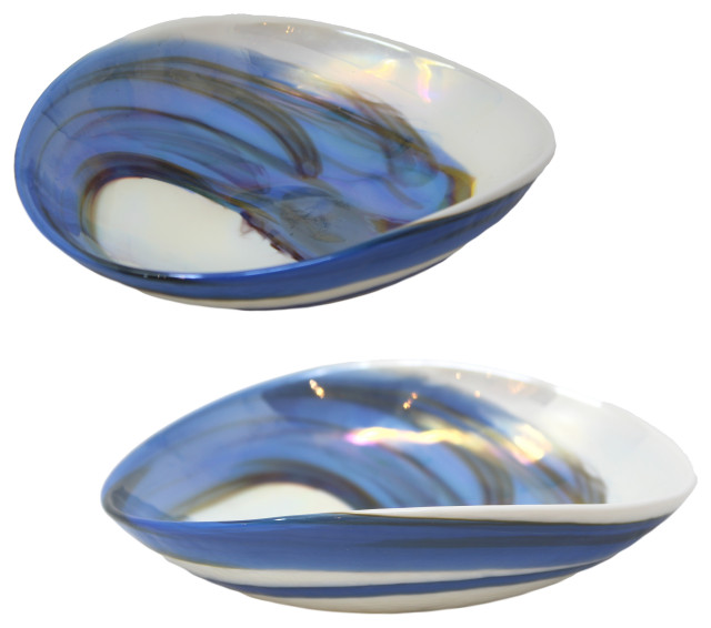 Art Glass Ocean Blue White 7" Decorative Bowl Set of 2 Contemporary