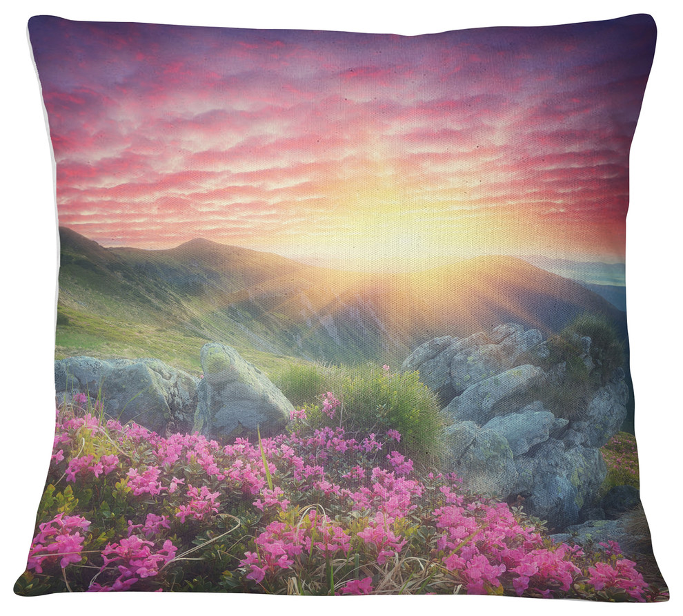 Morning with Flowers in Mountains Landscape Photography Throw Pillow, 18"x18"