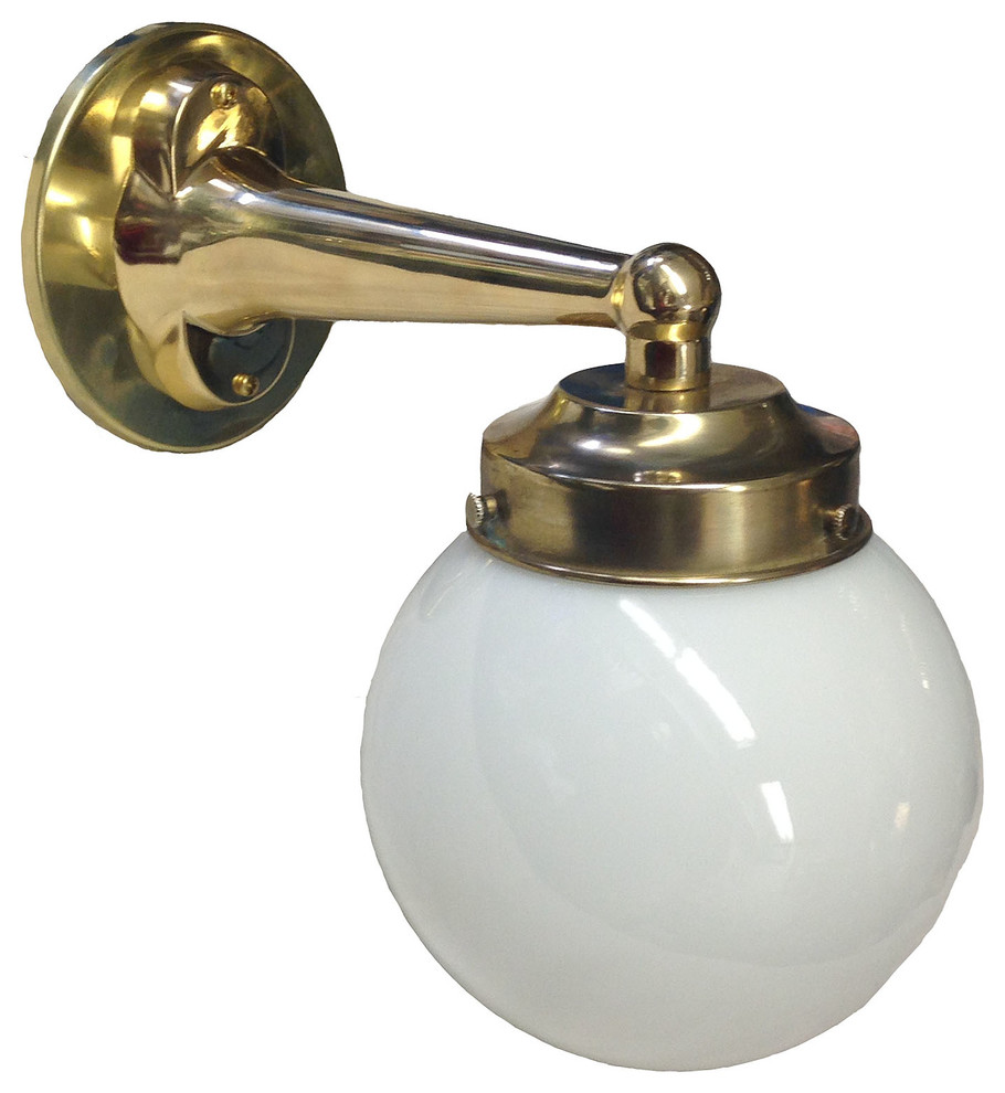 Round Ball Wall Sconce w/ Opal Glass Globe, Unlacquered Brass, Exterior Fixture