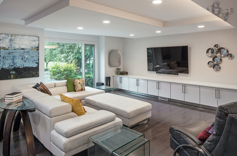 Contemporary living room in Omaha with white walls, dark hardwood floors and a wall-mounted tv.