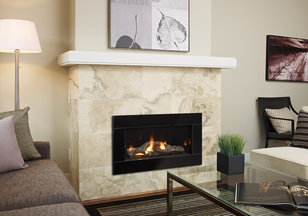 Design ideas for a small living room in Vancouver with beige walls, a ribbon fireplace and a stone fireplace surround.