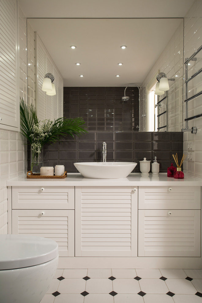 Inspiration for a transitional master bathroom in Moscow with louvered cabinets, white cabinets, white tile, brown tile, gray tile, subway tile, a vessel sink and white floor.