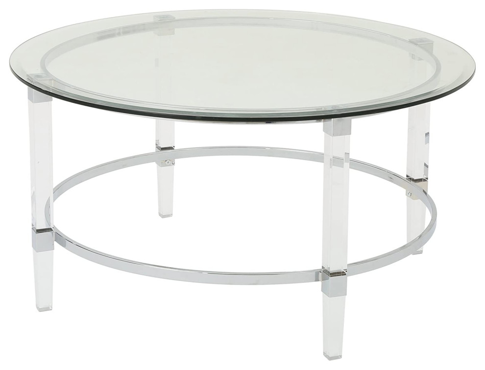 Round Coffee Table, Acrylic and Iron Accents, Clear Tempered Top