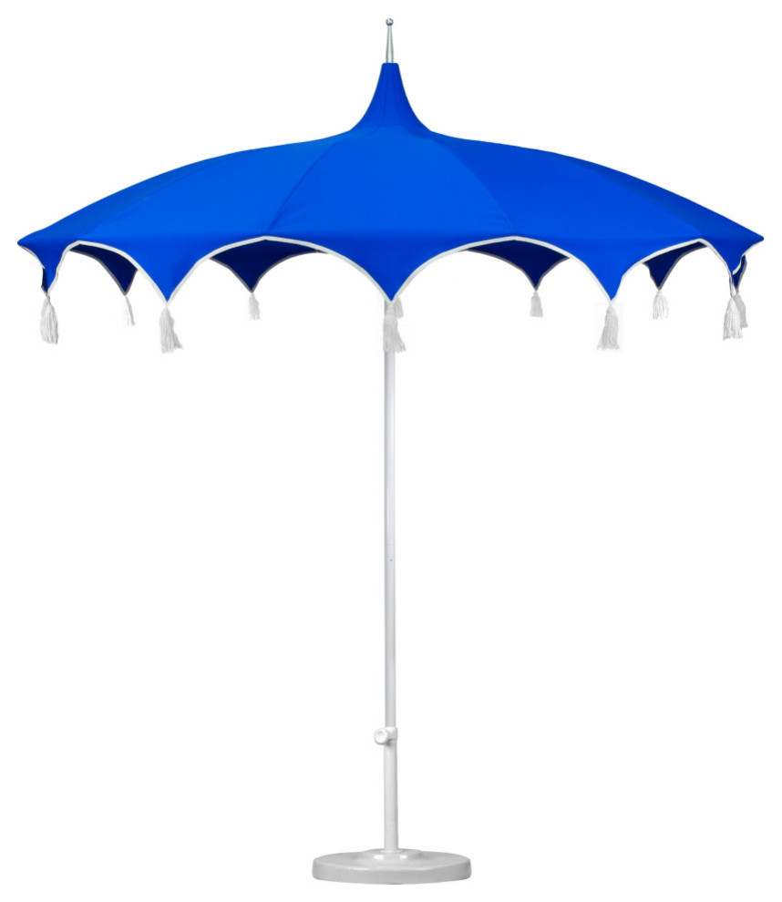 8 5 Sunbrella Playa Patio Umbrella With Tassels And 50 Lb Base Pacific Blue Contemporary Outdoor Umbrellas By California Umbrella