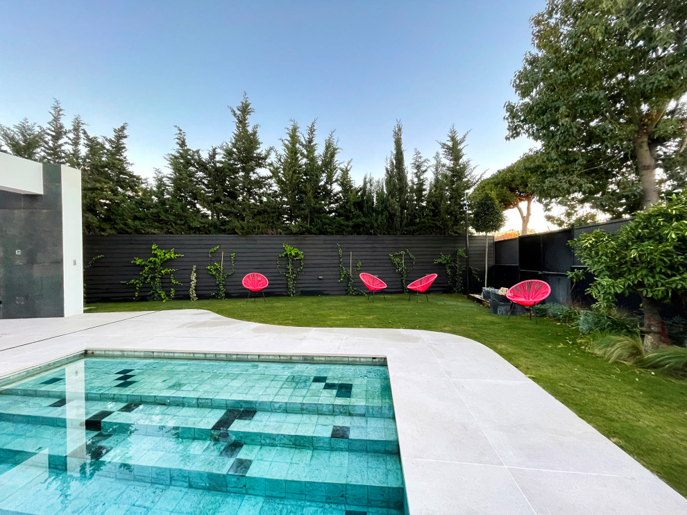 Idee per una grande piscina monocorsia tropicale rettangolare davanti casa con una dépendance a bordo piscina e piastrelle