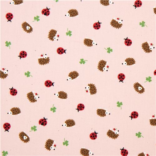 pink Kokka oxford fabric hedgehog & ladybird from Japan