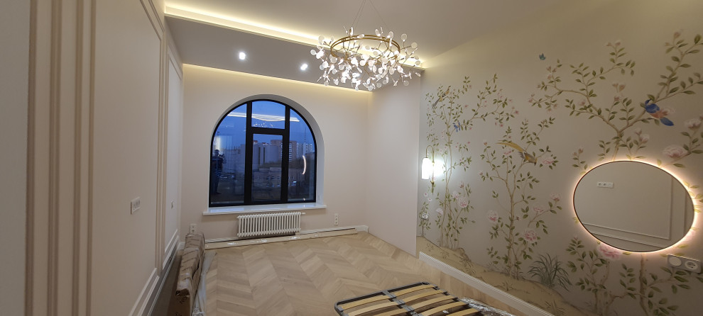 This is an example of a medium sized traditional teen’s room for girls in Moscow with pink walls, medium hardwood flooring, multi-coloured floors, a drop ceiling and feature lighting.