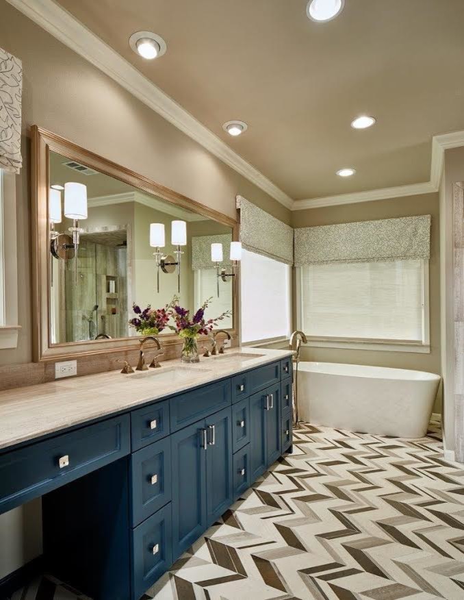 Mid-sized transitional master bathroom in Dallas with recessed-panel cabinets, blue cabinets, a freestanding tub, beige walls, an undermount sink, a two-piece toilet, linoleum floors, granite benchtops, an alcove shower, black and white tile, gray tile and mosaic tile.