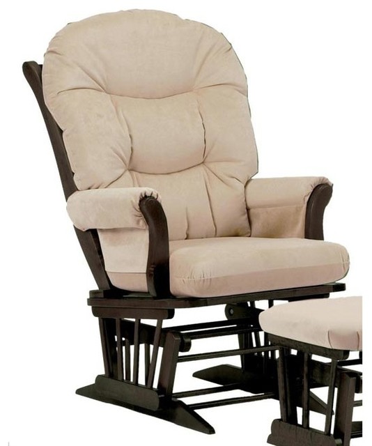 Dutailier Ultramotion Espresso Wood Glider with Beige Upholstery