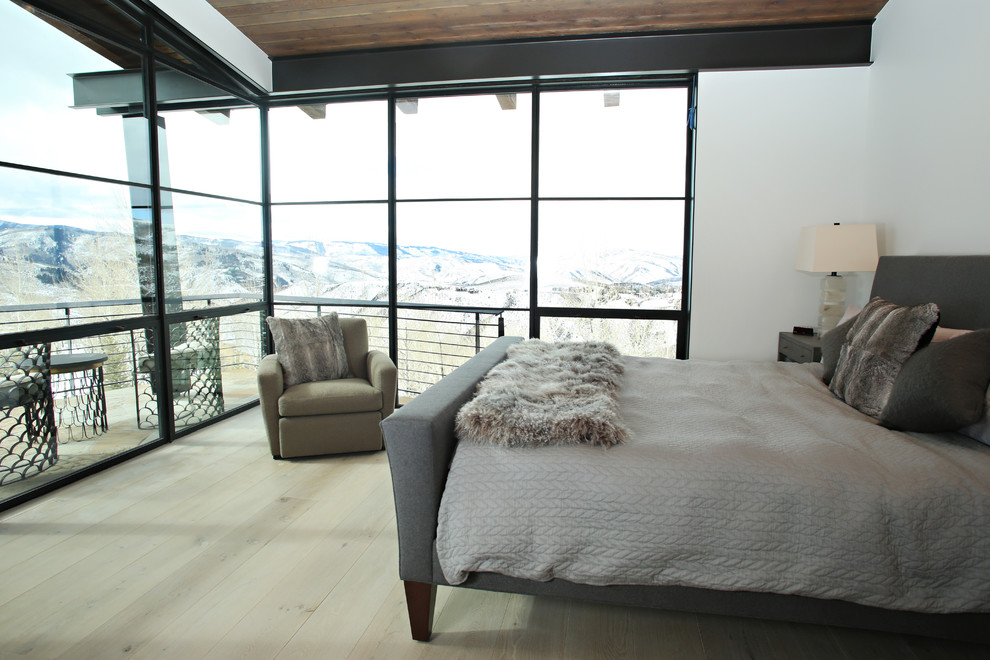 Mid-sized modern master bedroom in Denver with light hardwood floors, white walls and no fireplace.