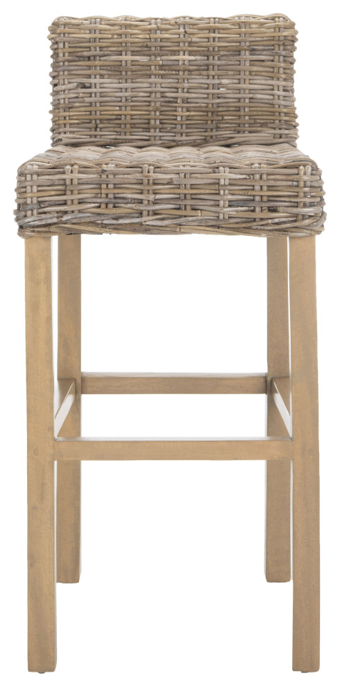 Natural finish transitional wicker / rattan and wooden square, 4 leg, low back and 1-piece distressed bar height stool photo