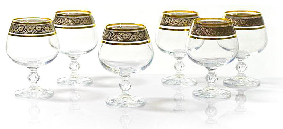 Set of 6 Bohemia Crystal "Claudia" Gold Rim Wine Glasses 