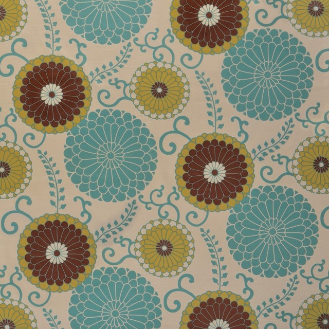 Spa Blue Brown Green Contemporary Floral Modern Satin Upholstery Fabric