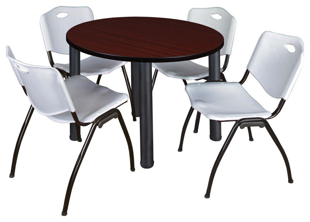 Kee 36" Round Breakroom Table- Mahogany/ Black & 4 'M' Stack Chairs- Grey