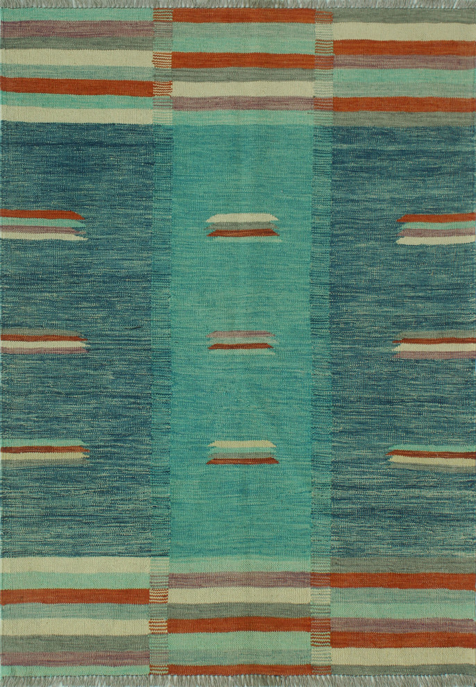 Winchester Kilim Jodie Blue/Rust Rug, 4'0x5'7 Contemporary Area