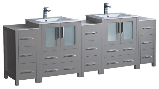 Torino Double Sink Bathroom Cabinets With Integrated Sinks, Gray, 84"